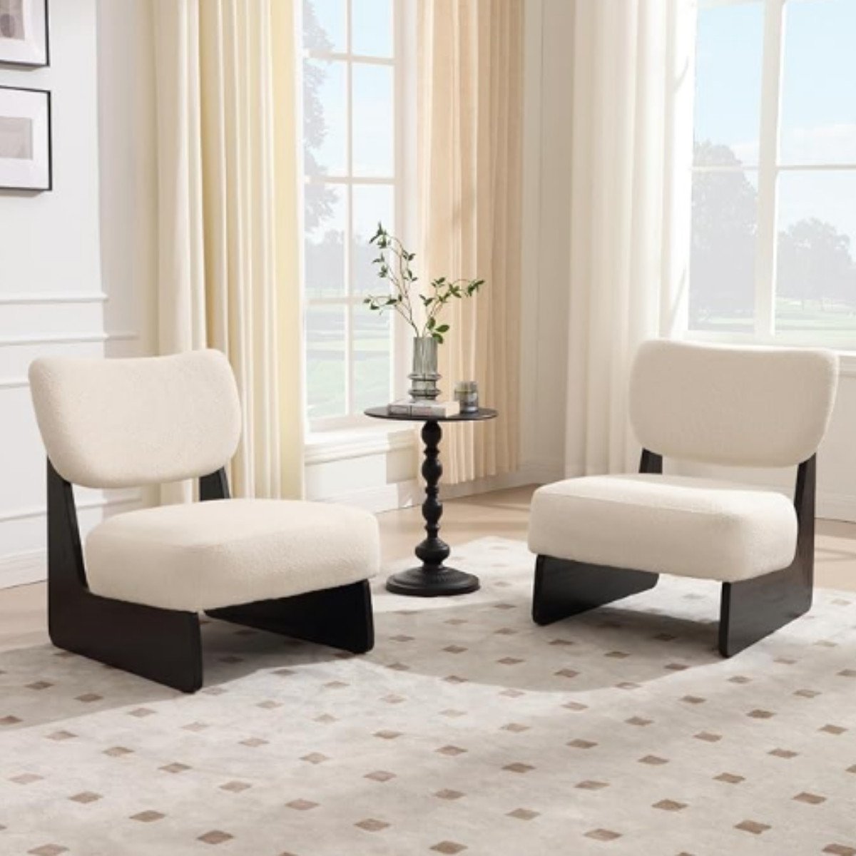 Japandi accent chair set with armless beige seats and sleek black wood frames.