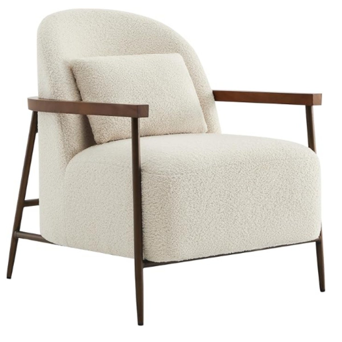 Modern ivory sherpa japandi accent chair with slim bronze metal frame and lumbar pillow