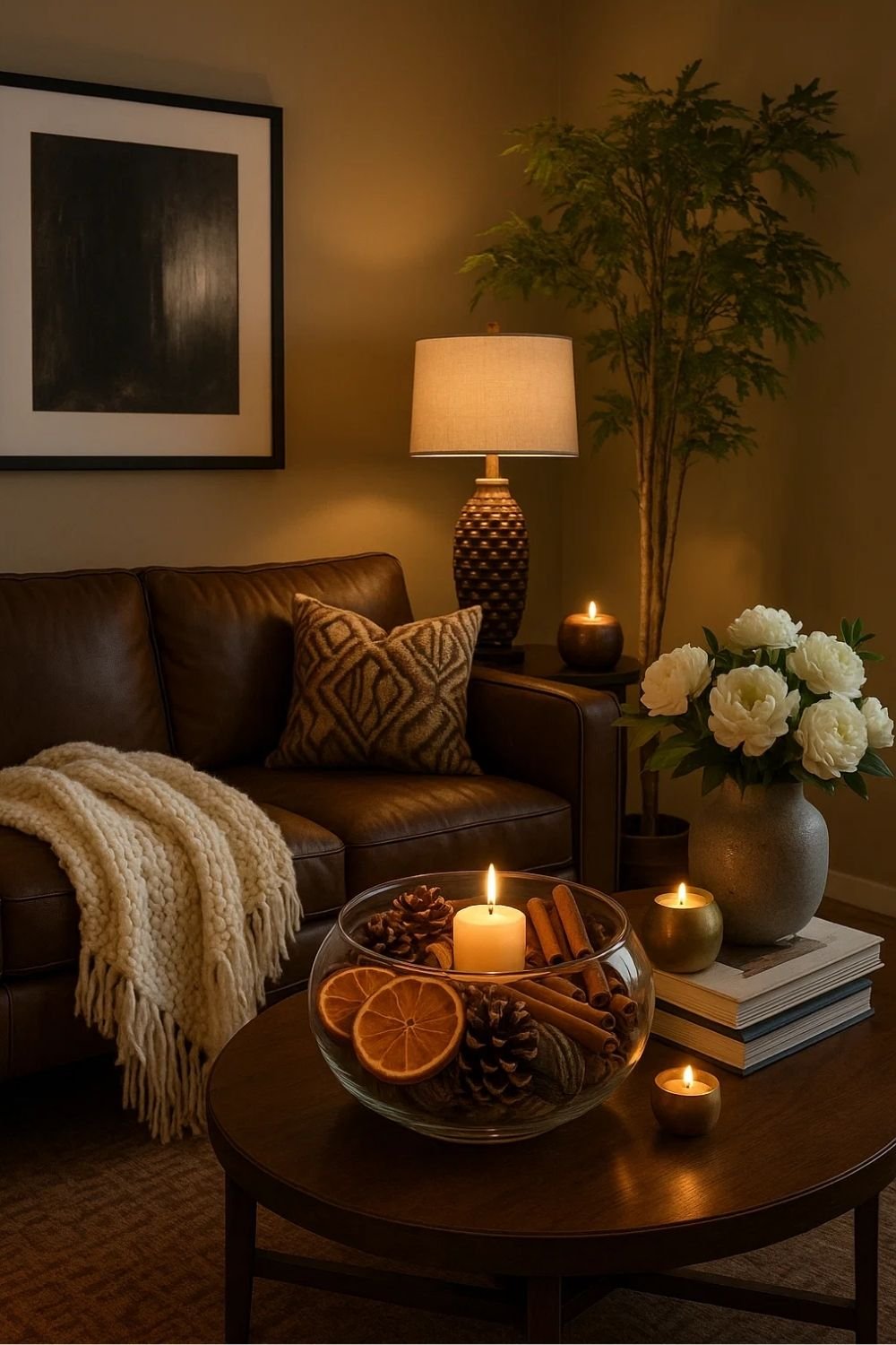 Cozy brown-toned living room with candles, warm lighting, and layered textures — living room winter decor ideas for a warm and inviting space