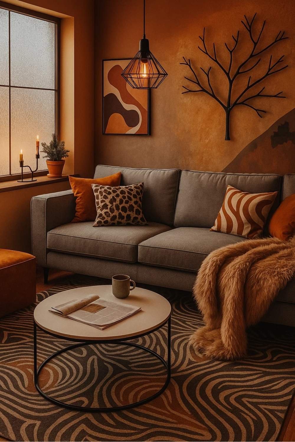 Earthy orange and brown winter living room with plush blankets, textured rug, and ambient lighting — inspiring living room winter decor ideas for seasonal warmth.