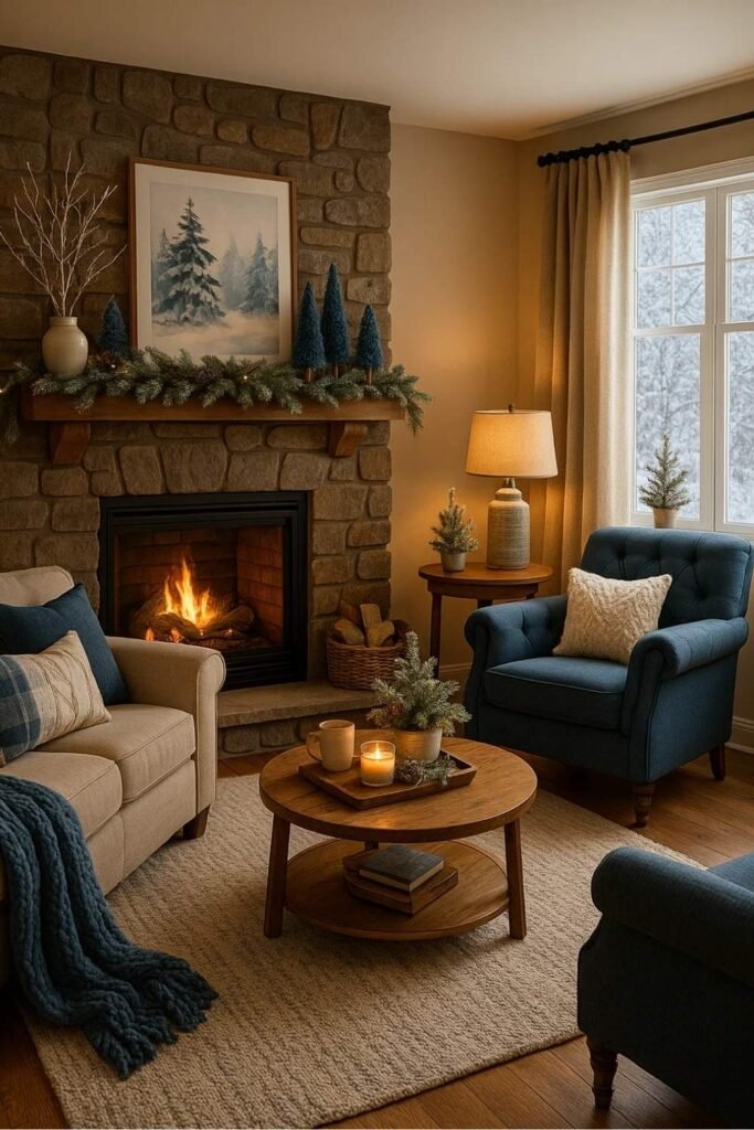 Classic winter living room with stone fireplace, blue armchairs, warm throws, and natural wood accents creating a comfortable seasonal atmosphere.