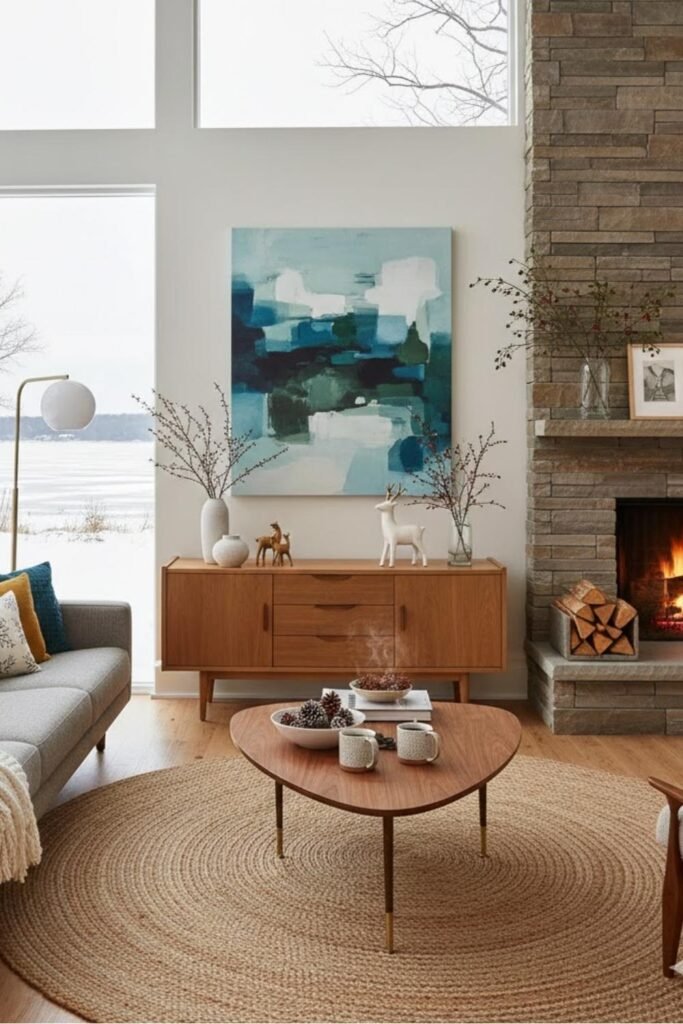 Bright winter living room with large windows, wooden furniture, natural light, and a stone fireplace creating a warm and airy seasonal look.