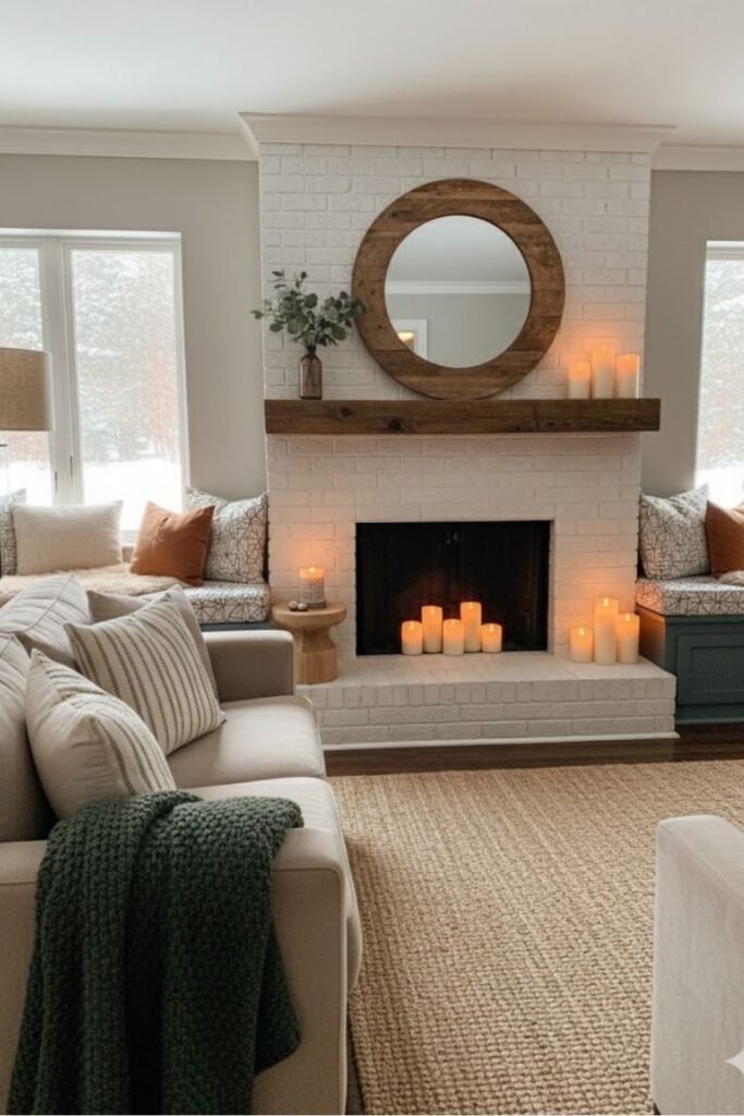 Soft neutral winter living room with a white fireplace, natural textures, cozy candles, and layered textiles for a calm and inviting atmosphere.
