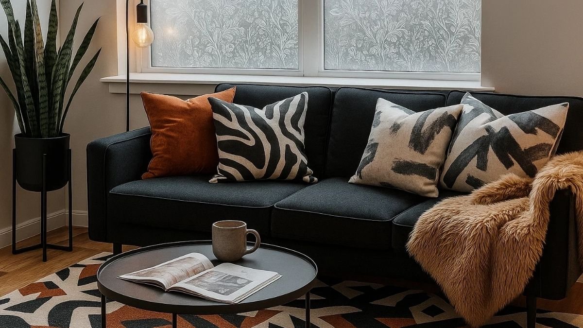 Modern cozy living room with winter décor featuring a dark sofa, warm throw blanket, patterned pillows, and soft lighting — inspiring living room winter decor ideas.
