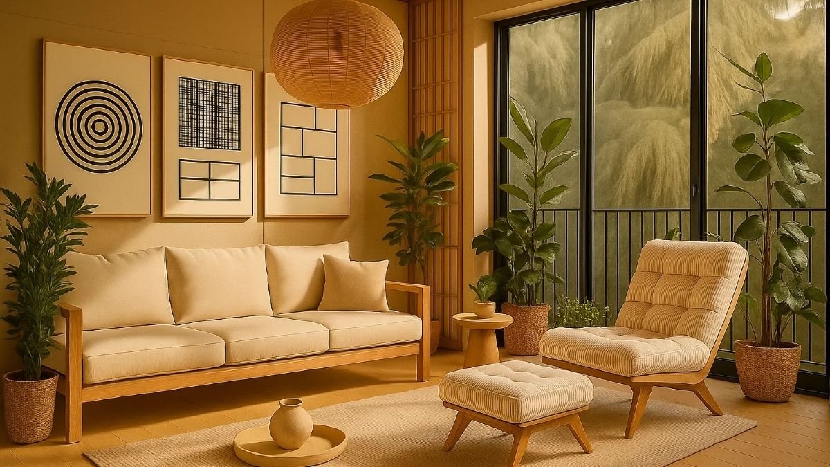 Japandi-inspired living room with lounge chair and ottoman featuring natural wood, neutral upholstery, and greenery.