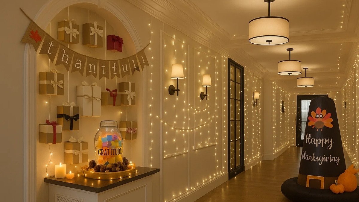 Warm Thanksgiving hallway decorated with soft string lights, gift wall display, gratitude jar, and a cozy “thankful” banner creating a welcoming holiday atmosphere.