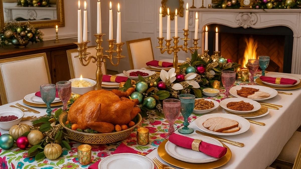 Elegant Thanksgiving dining table with a roasted turkey, gold candle holders, festive garland, and colorful glassware.