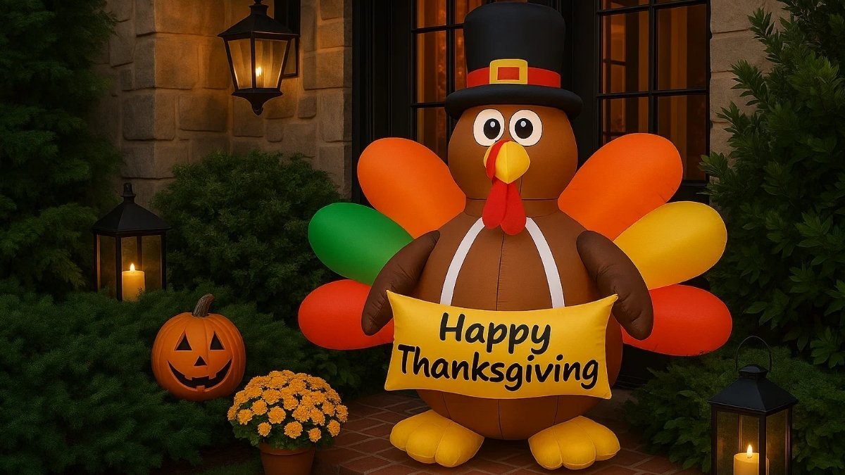Large outdoor Thanksgiving turkey inflatable holding a “Happy Thanksgiving” sign displayed on a porch with pumpkins, mums, and lanterns.