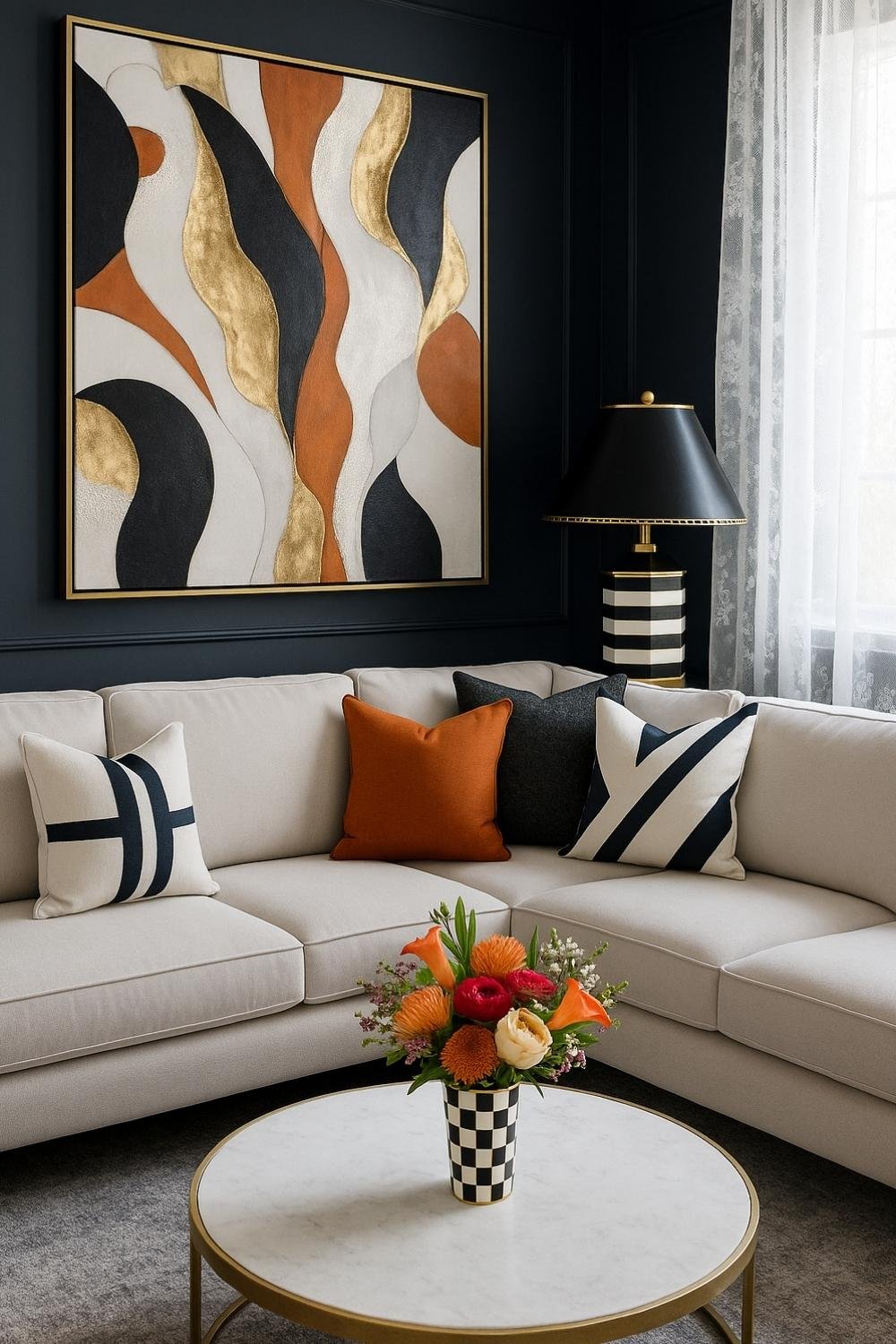 Modern living room featuring a white marble coffee table with gold metal frame and bold abstract artwork.