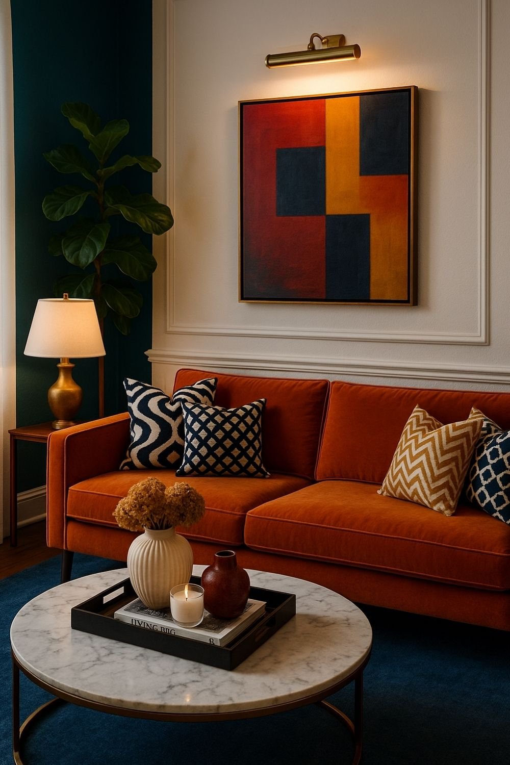 Small living room with a round marble coffee table and cozy orange sofa.