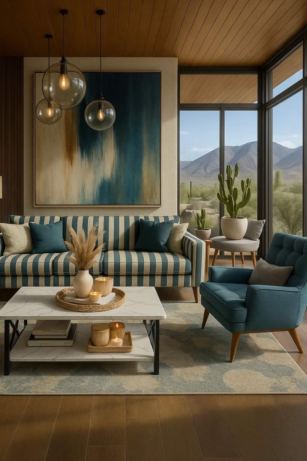 Boho-inspired living room with a marble coffee table and blue accent chairs.