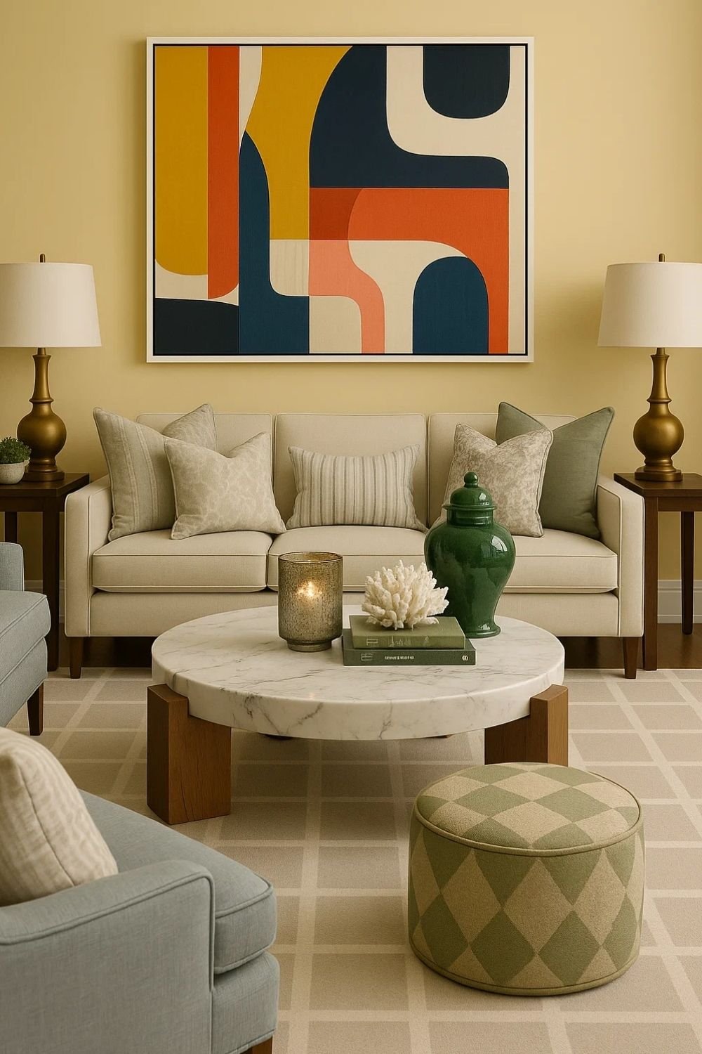 Neutral living room with a round marble coffee table and green ceramic décor.