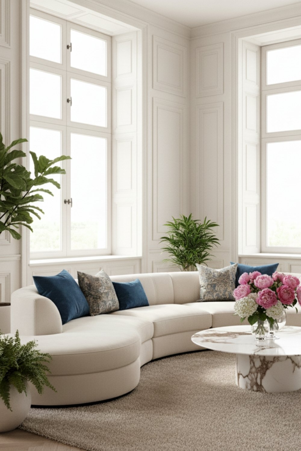 Bright living room with a marble coffee table and curved sectional sofa.