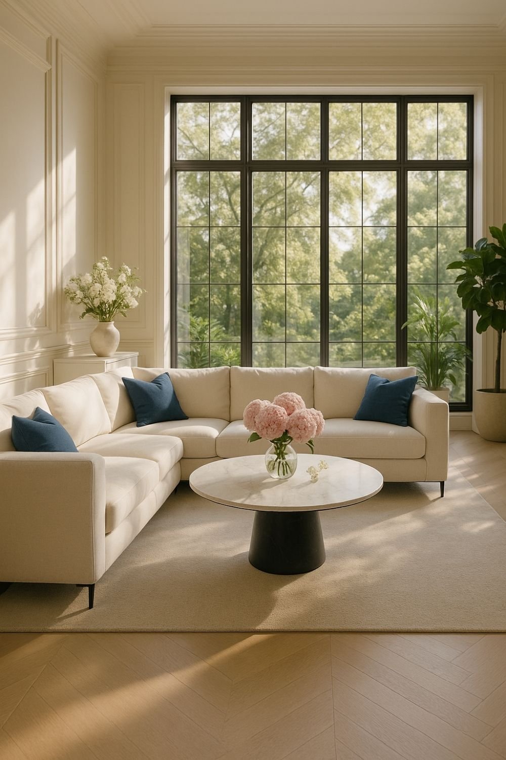 Spacious living room with a round marble coffee table and large windows.