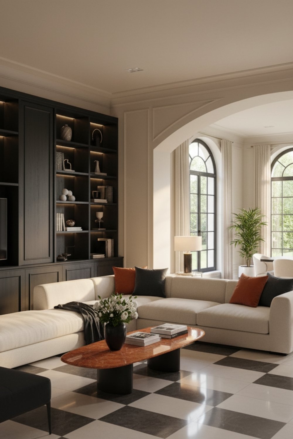 Luxury living room with a marble coffee table and dark built-in bookshelves.