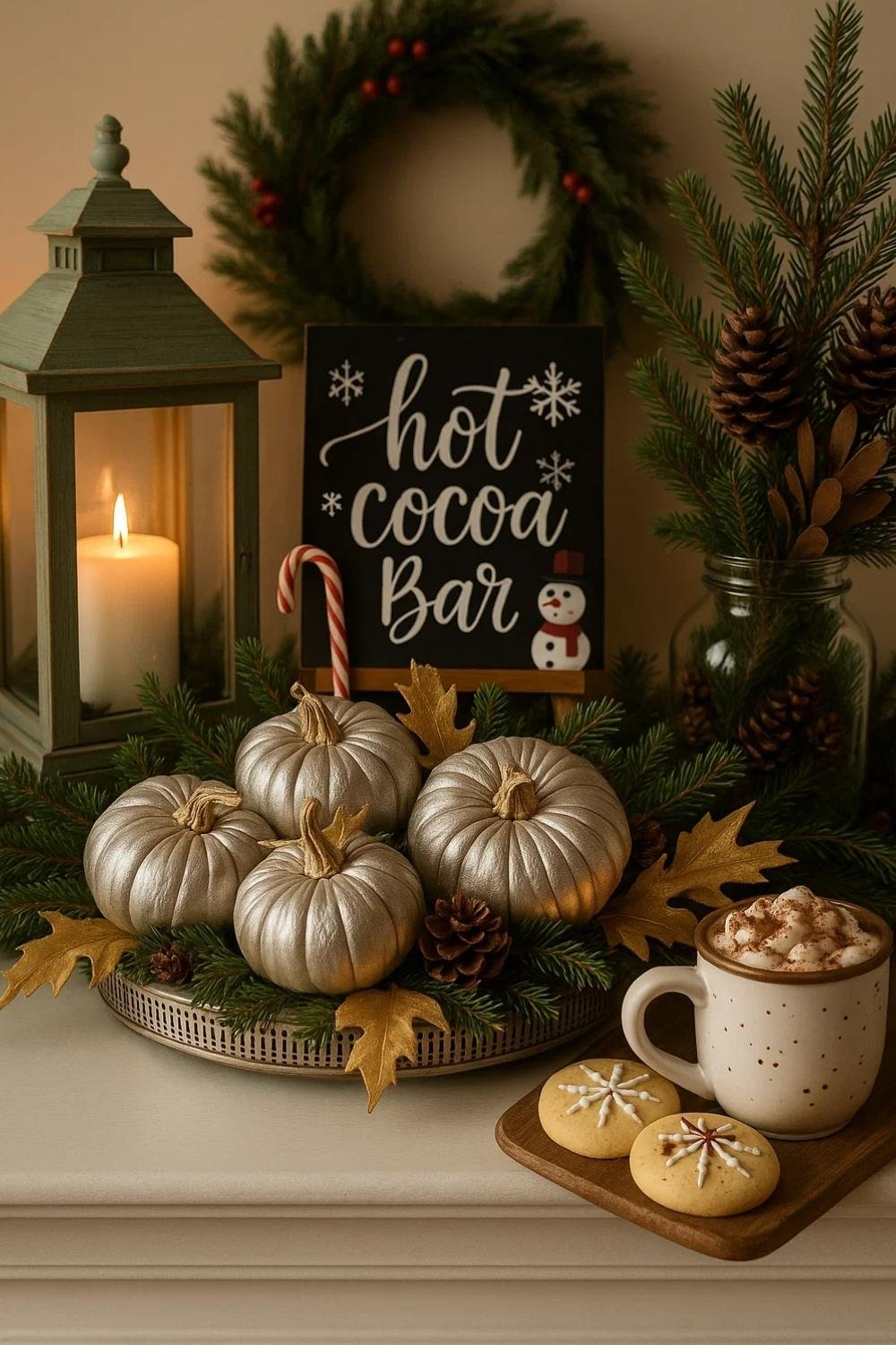 Metallic pumpkins centerpiece styled with evergreen branches and pinecones, hot cocoa bar sign, soft candlelight, and winter greenery for a cozy holiday display.