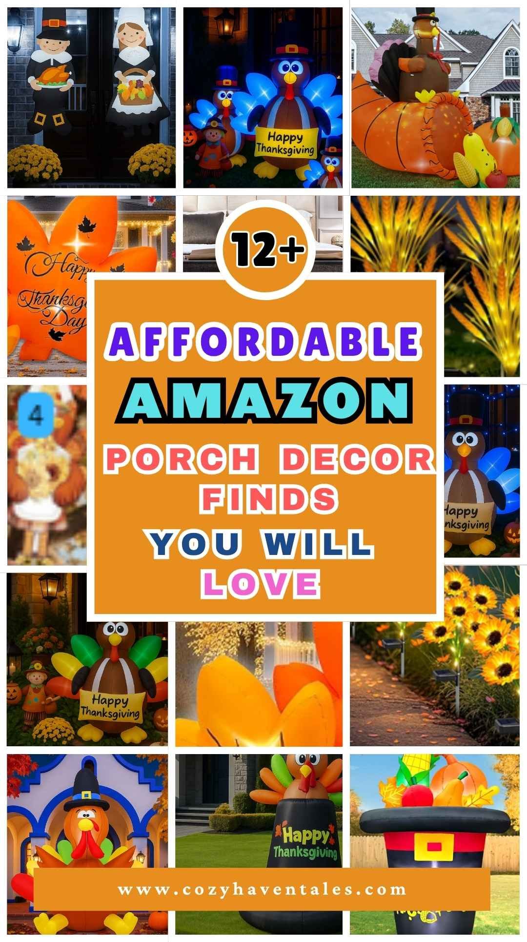Collage of warm and welcoming Thanksgiving porch decor finds from Amazon, including turkey inflatables, fall banners, wheat lights, sunflowers, and cute pilgrim porch decorations.
