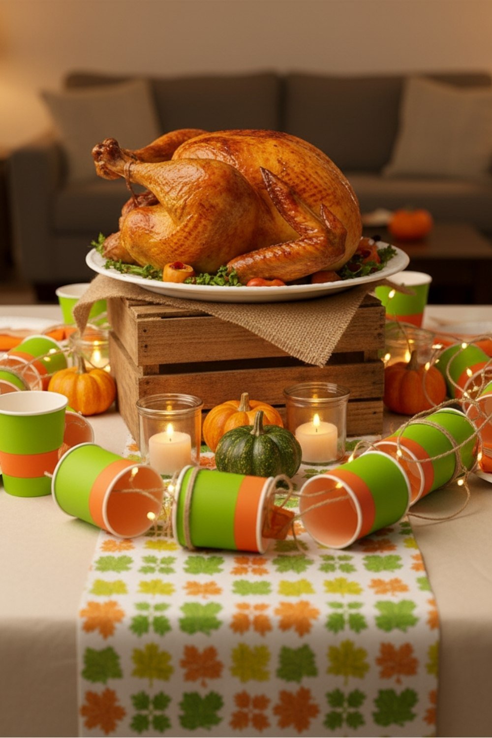 Thanksgiving table with a roasted turkey placed on wooden crates, surrounded by candles, mini pumpkins, and mismatched festive paper cups creating a casual, welcoming atmosphere.