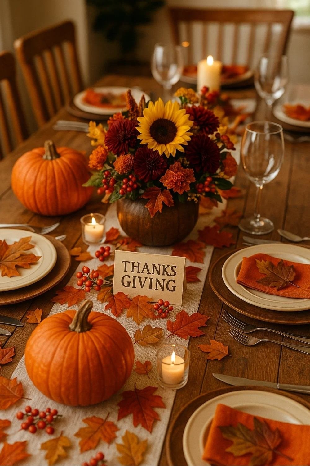 Thanksgiving dinner table decorated with thank you note