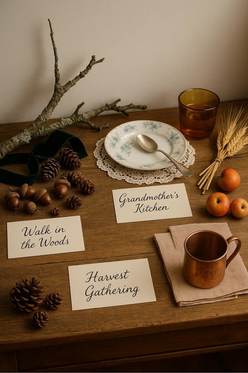 Thanksgiving theme inspiration cards with pinecones, dried branches, neutral table styling elements.