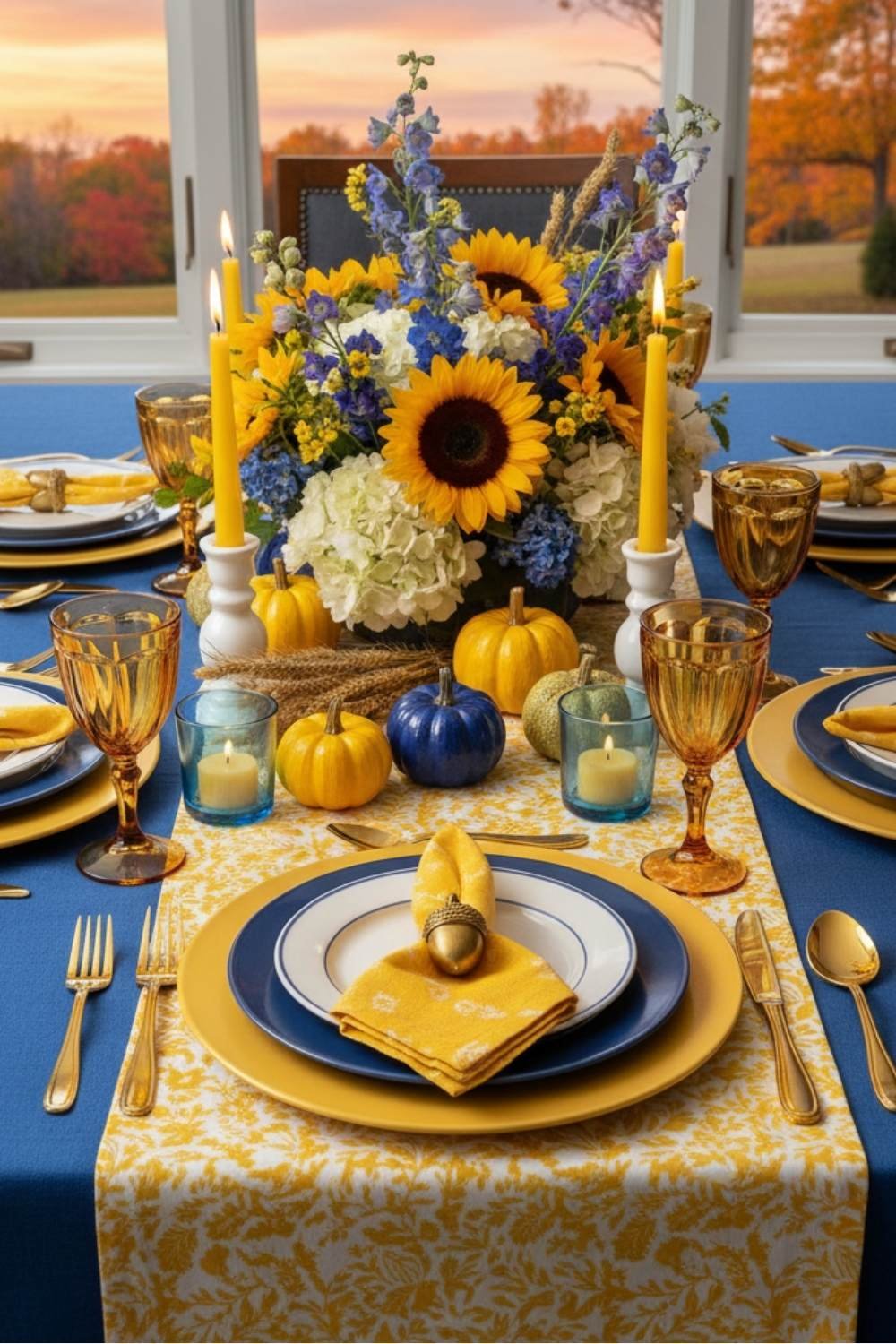 Bold Thanksgiving tablescape with sunflowers, blue dinnerware, and gold accents.
