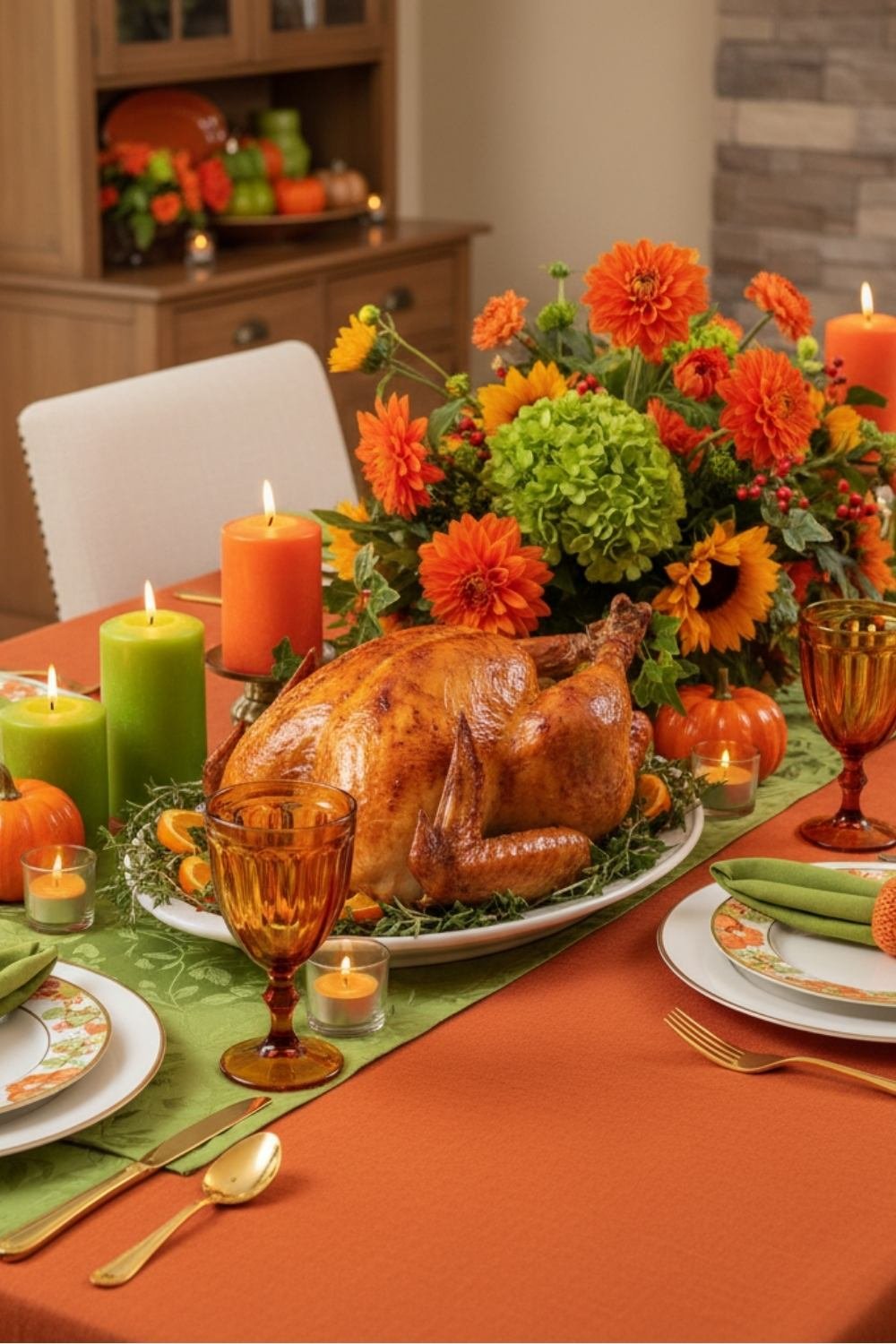 Autumn harvest Thanksgiving table with roasted turkey, fall flowers, and warm orange table linens.