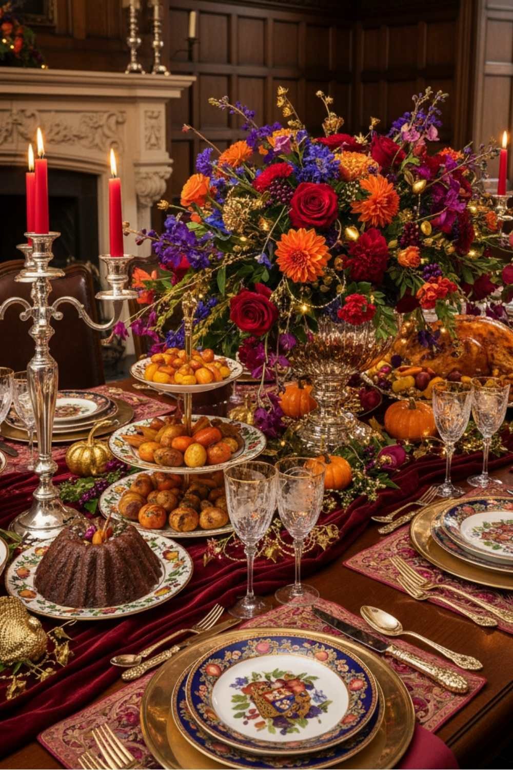 Traditional Thanksgiving dining table with rich autumn colors, floral centerpiece, and elegant patterned dinnerware.
