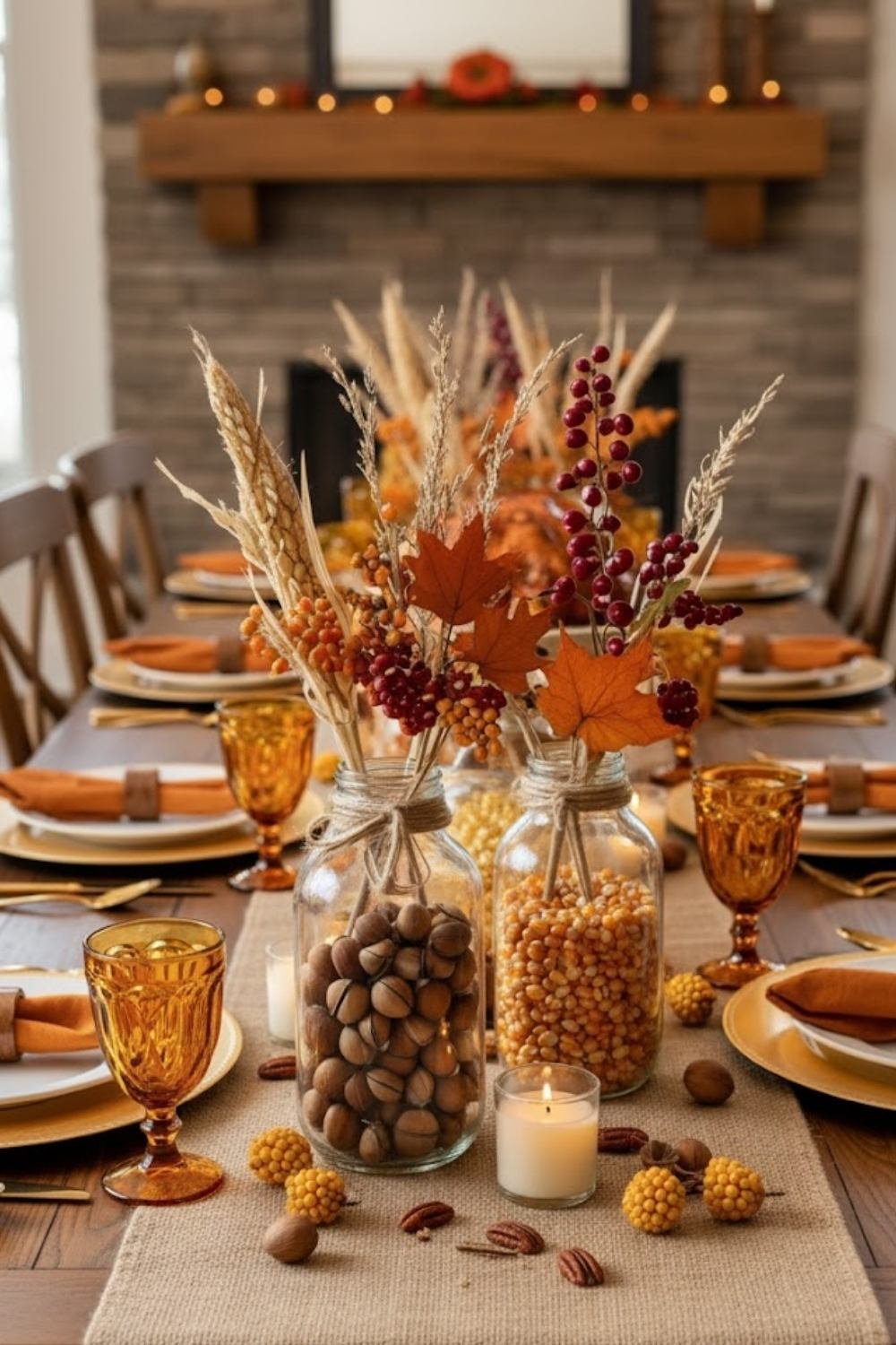 Neutral Thanksgiving table with wheat centerpiece, amber glassware, and warm earth-toned place settings.