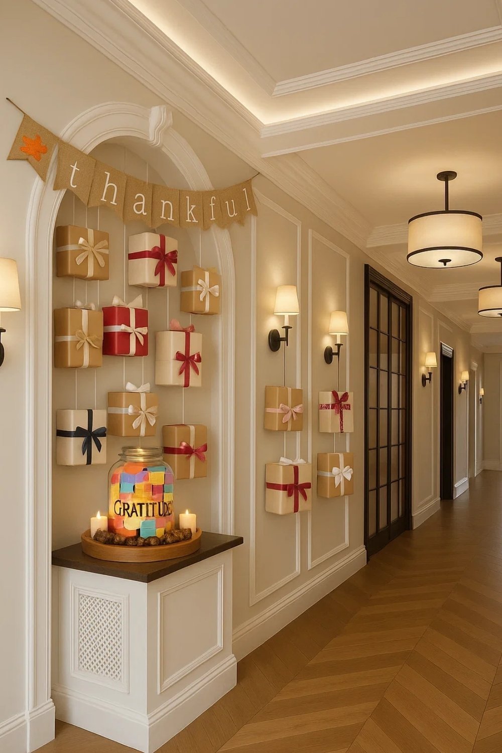 Thanksgiving hallway décor with a ‘thankful’ banner, wrapped gift boxes on the wall, a gratitude candle display, and warm neutral seasonal tones