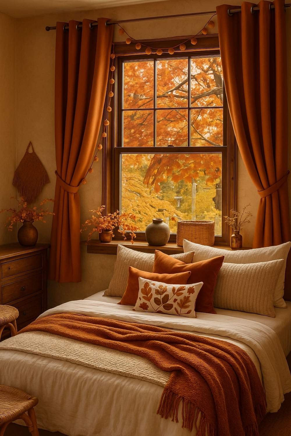 Cozy fall bedroom decorated in a warm autumn color palette with rust curtains, layered throw pillows, and soft seasonal textures.