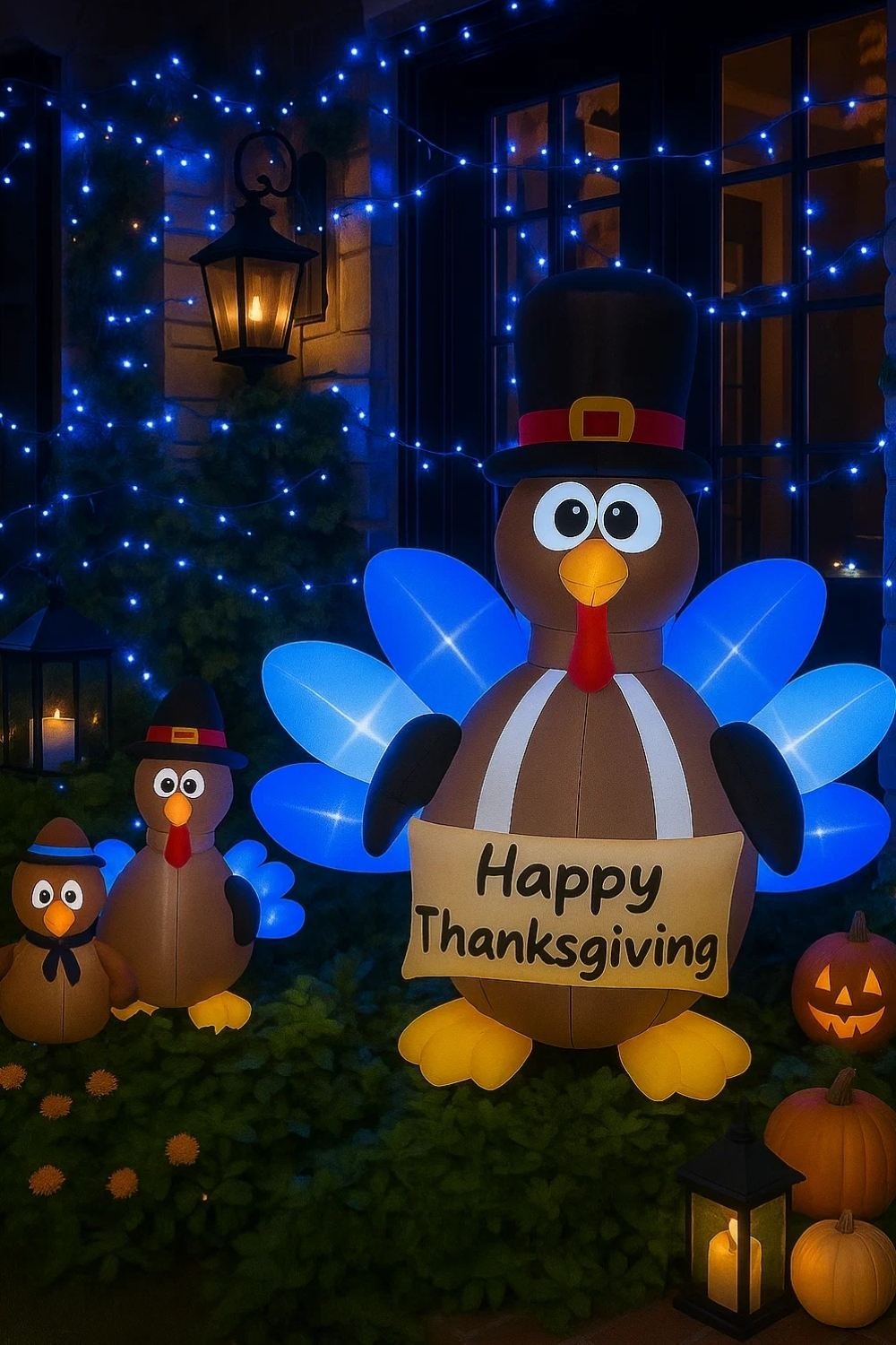 Glowing Thanksgiving turkey inflatable with blue LED tail feathers displayed outdoors at night with pumpkins and porch lanterns.
