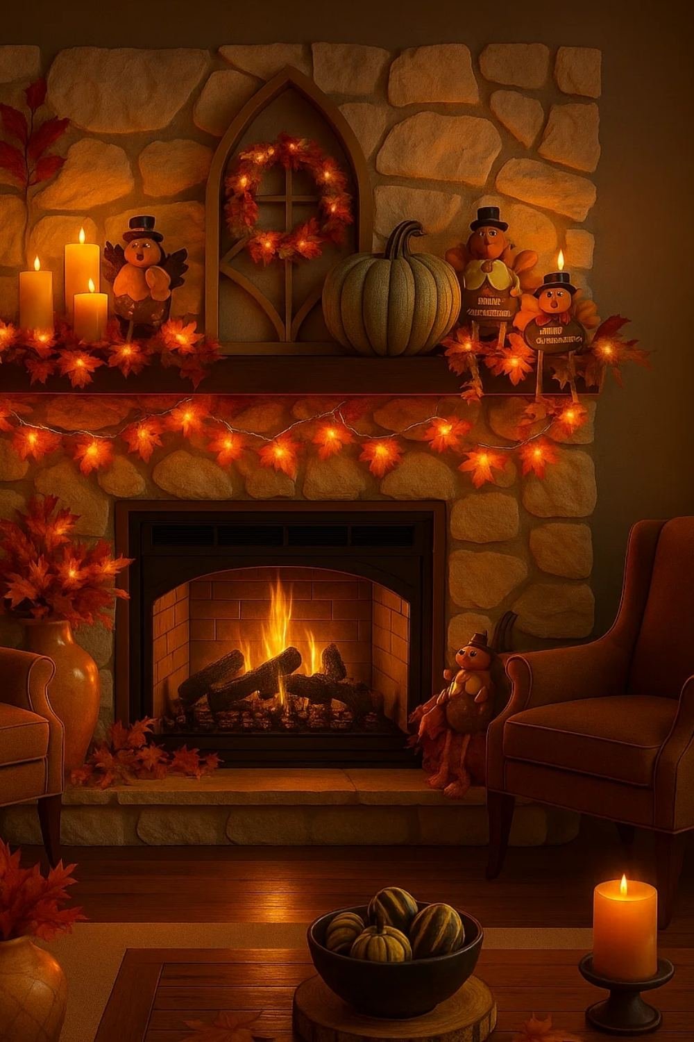 Stone fireplace decorated with pumpkins, lanterns, fall foliage, and warm glowing string lights.