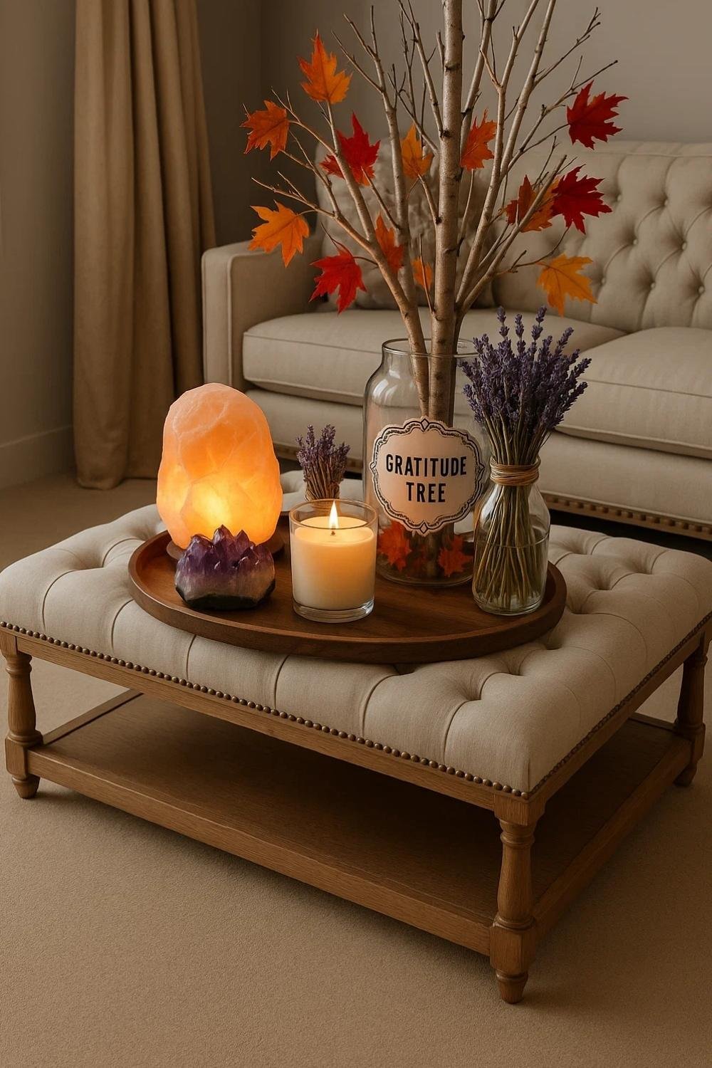 Thanksgiving centerpiece on a coffee table with gratitude candles, salt lamp, and autumn leaf arrangement.
