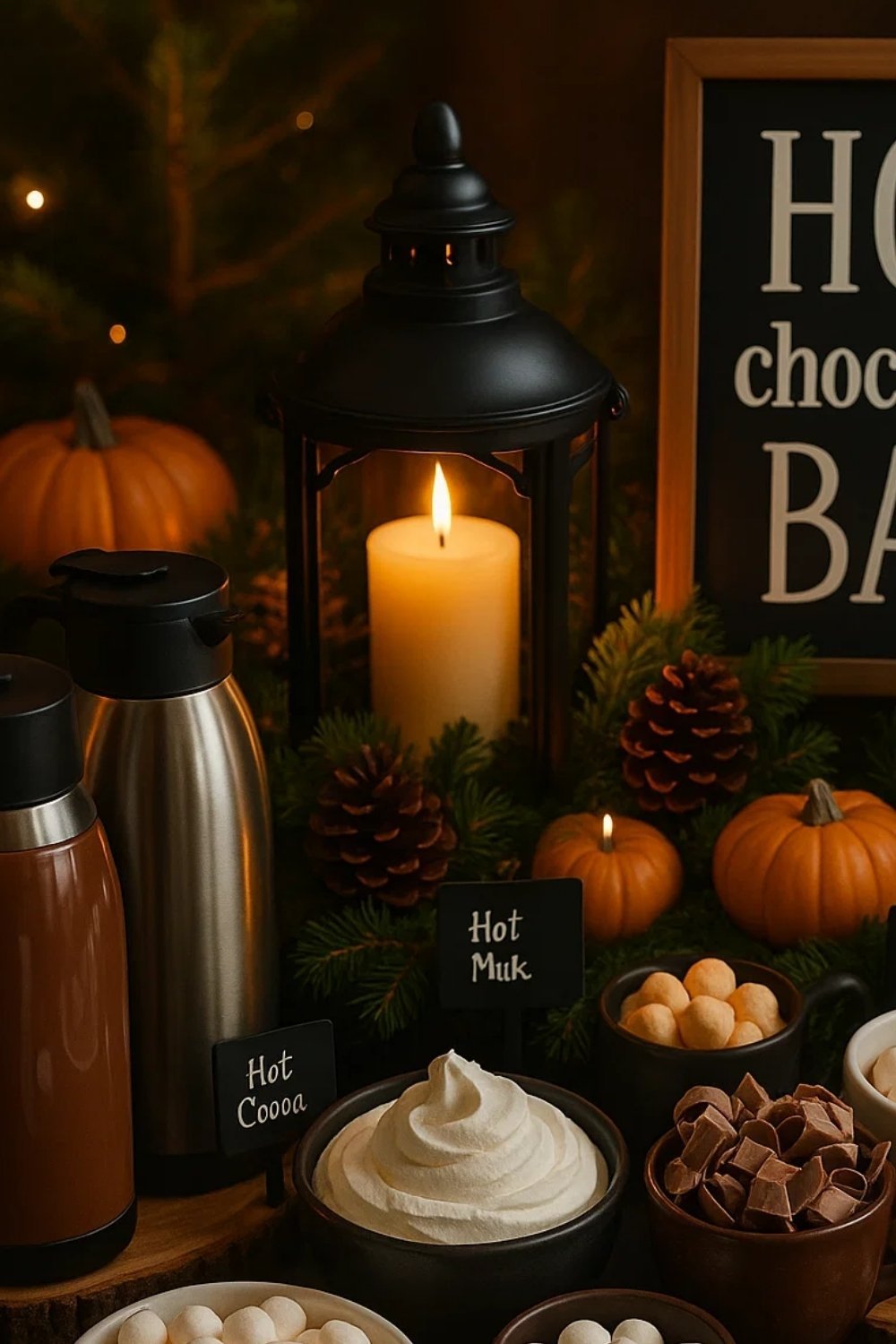Fall lantern and hot-chocolate bar setup with pumpkins, pinecones, and warm candlelight.