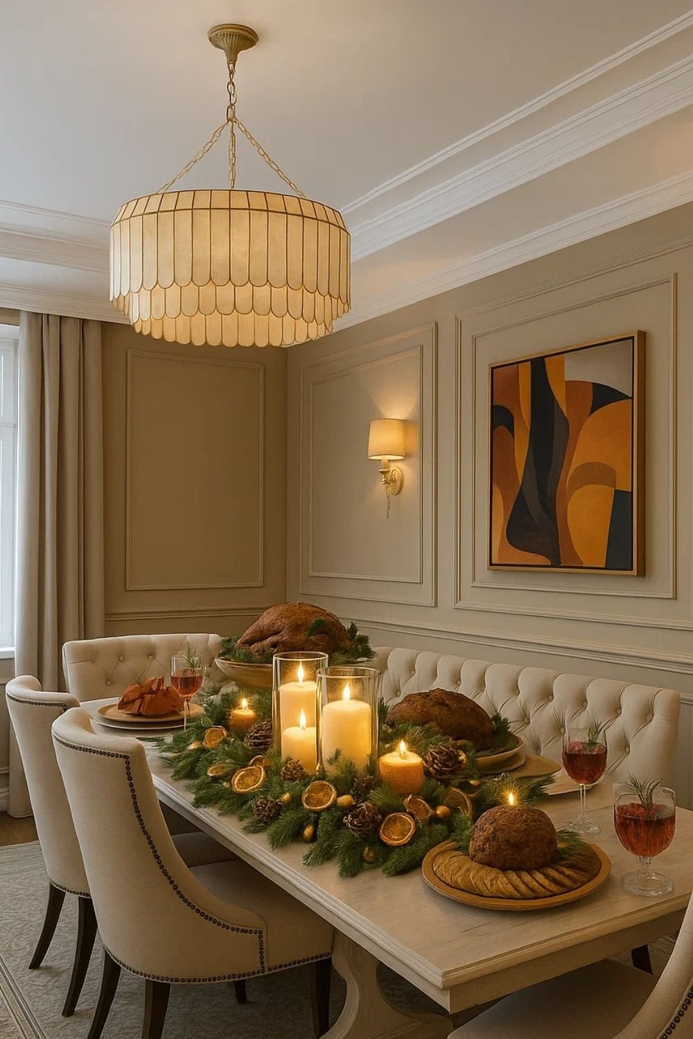 Elegant Thanksgiving dining table decorated with candles, greenery, and seasonal accents.