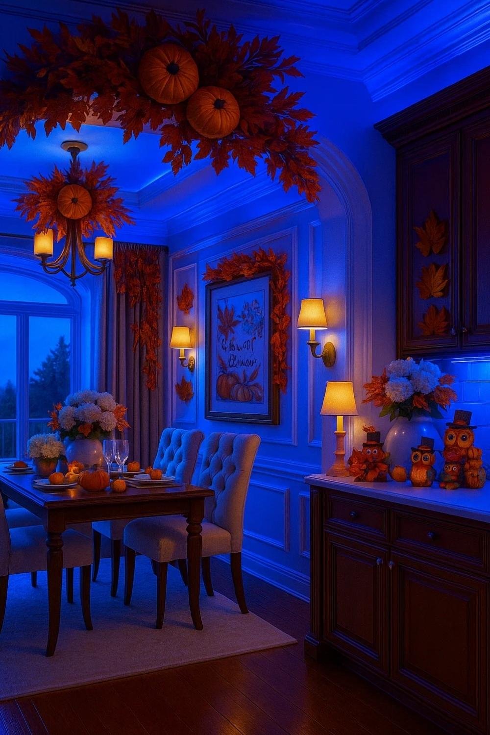 Dining space with blue ambient lighting, fall garland, and pumpkin accents for Thanksgiving dinner.