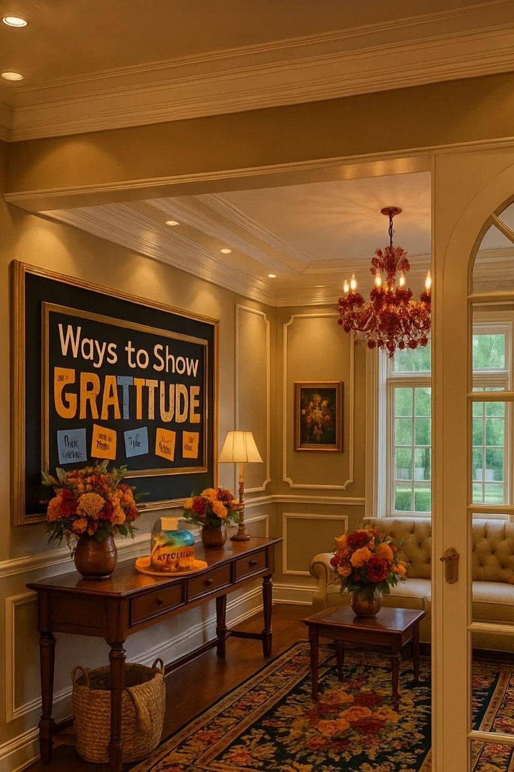 Cozy entryway decorated with a “Ways to Show Gratitude” board, fall accents, and warm seasonal touches.