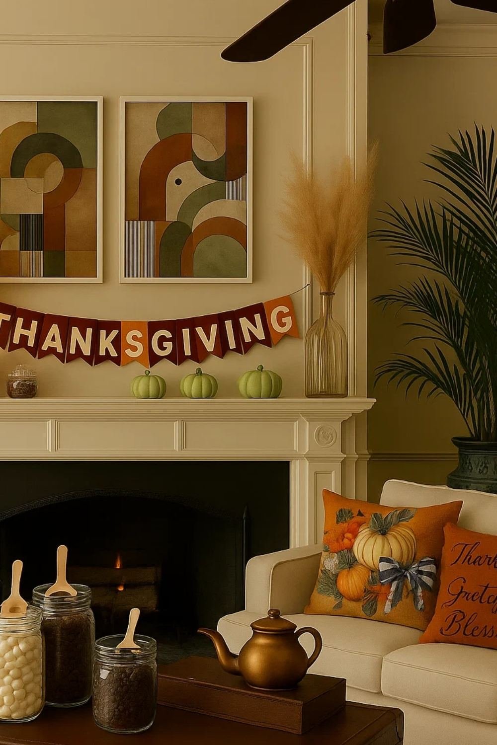 Neutral living room with a warms-toned pumpkin mantel garland and Thanksgiving banner.