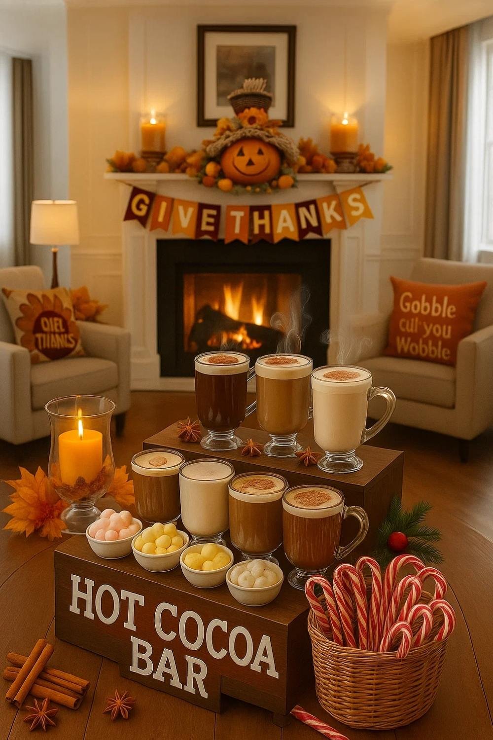 Warm and cozy hot cocoa bar setup with toppings, mugs, fall candles, and a “Give Thanks” banner by the fireplace.