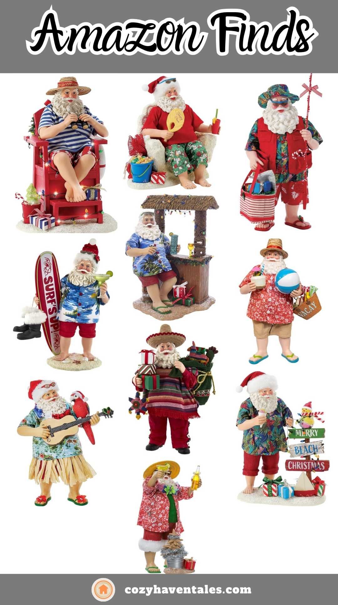 Collage of tropical beach-theme Santa figurines from Amazon, including Santa lifeguard, surfing Santa, tiki bar Santa, hula Santa, and vacation Santas dressed in Hawaiian shirts — fun summer holiday décor ideas.