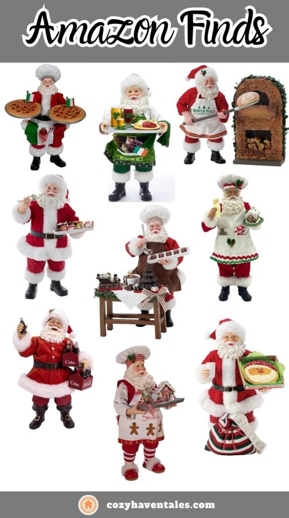 Christmas Chef Santa Figurines Collage — Italian pizza Santa, Irish pub Santa, baking Santa with brick oven, sushi Santa, chocolatier Santa, Coca-Cola Santa, gingerbread chef Santa, and pizzeria Santa — festive holiday kitchen décor ideas from Amazon.