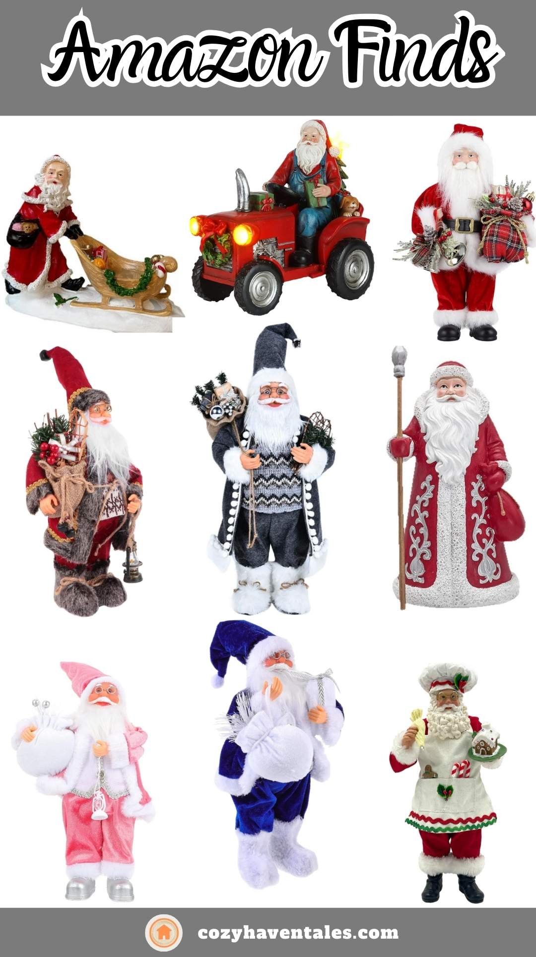Affordable Christmas Santa figurines under $30 — including Santa in sleigh, Santa driving a tractor, rustic woodland Santa, Nordic Santa with lantern, traditional Santa with staff, pink Santa, blue Santa, and cute gingerbread chef Santa — perfect for budget-friendly holiday décor.
