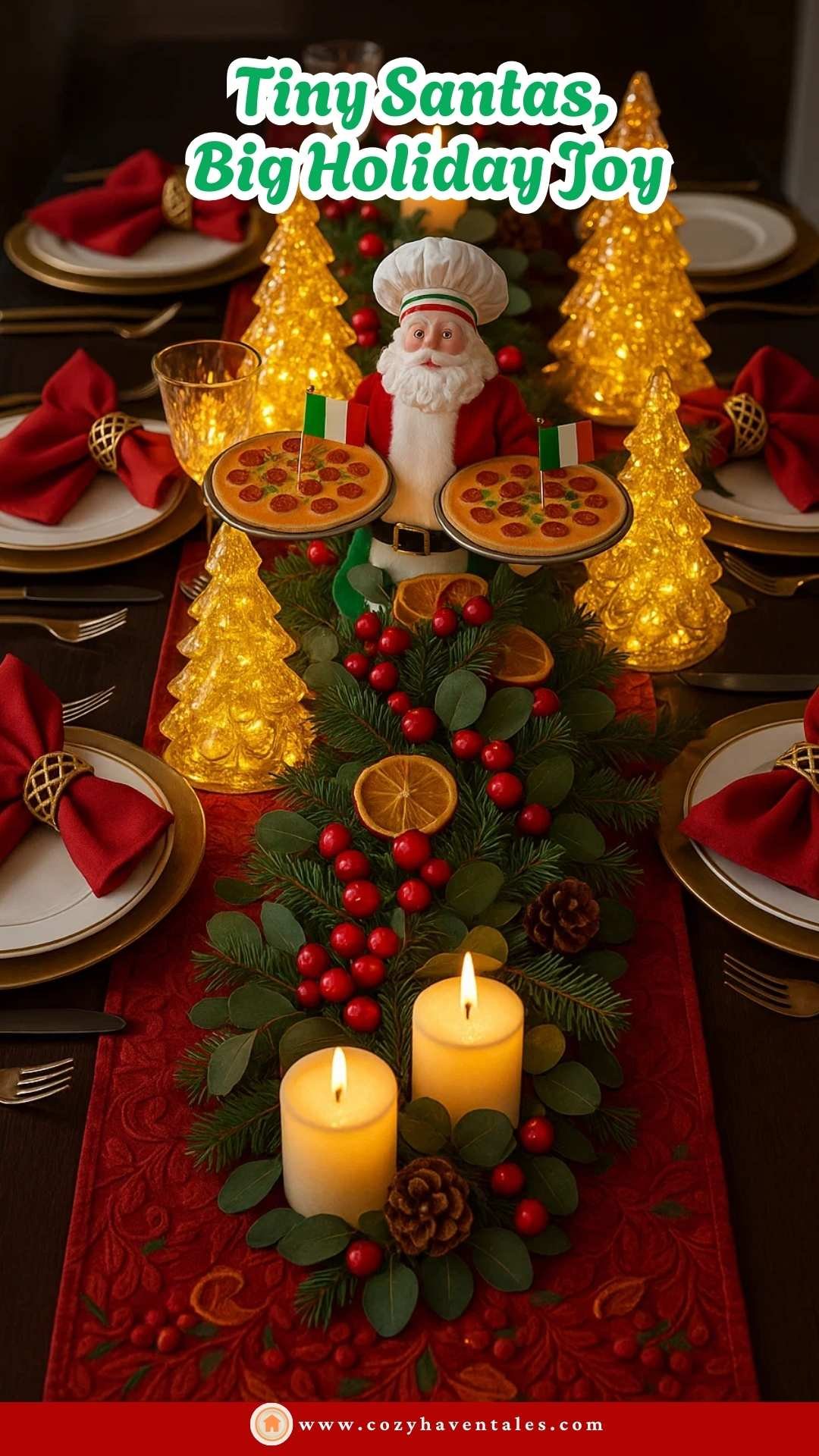 Chef Santa Claus figurine table centerpiece with miniature pizza, Christmas trees, candles, and festive holiday table décor.