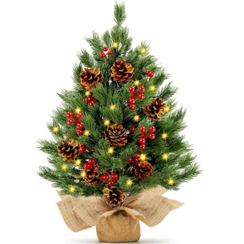 A small Christmas tree on amazon with pinecones and berries.
