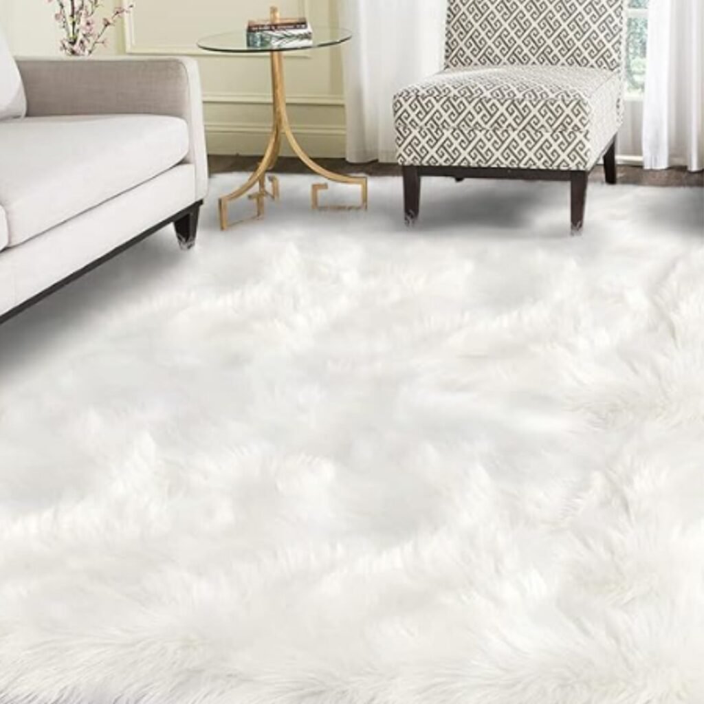 White faux sheepskin rug placed in a modern living room, adding a soft and cozy decorative touch.