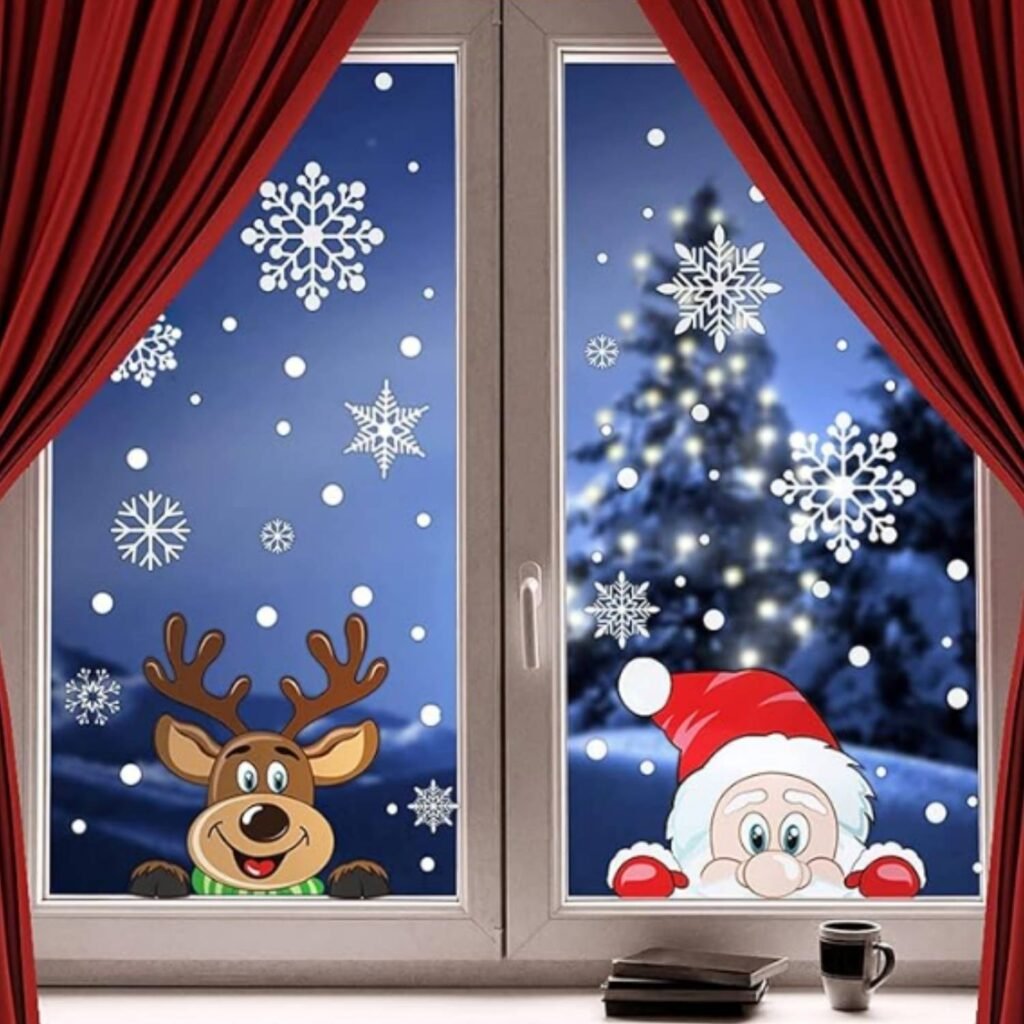 Christmas window clings featuring Santa, a reindeer, and snowflakes on a frosty window background.