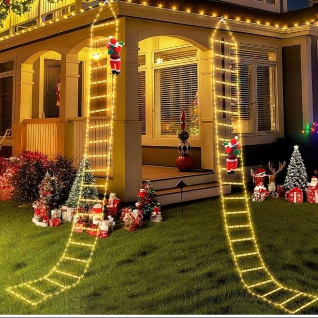 Warm LED Christmas slide lights displayed on a house exterior, creating bright cascading holiday illumination.