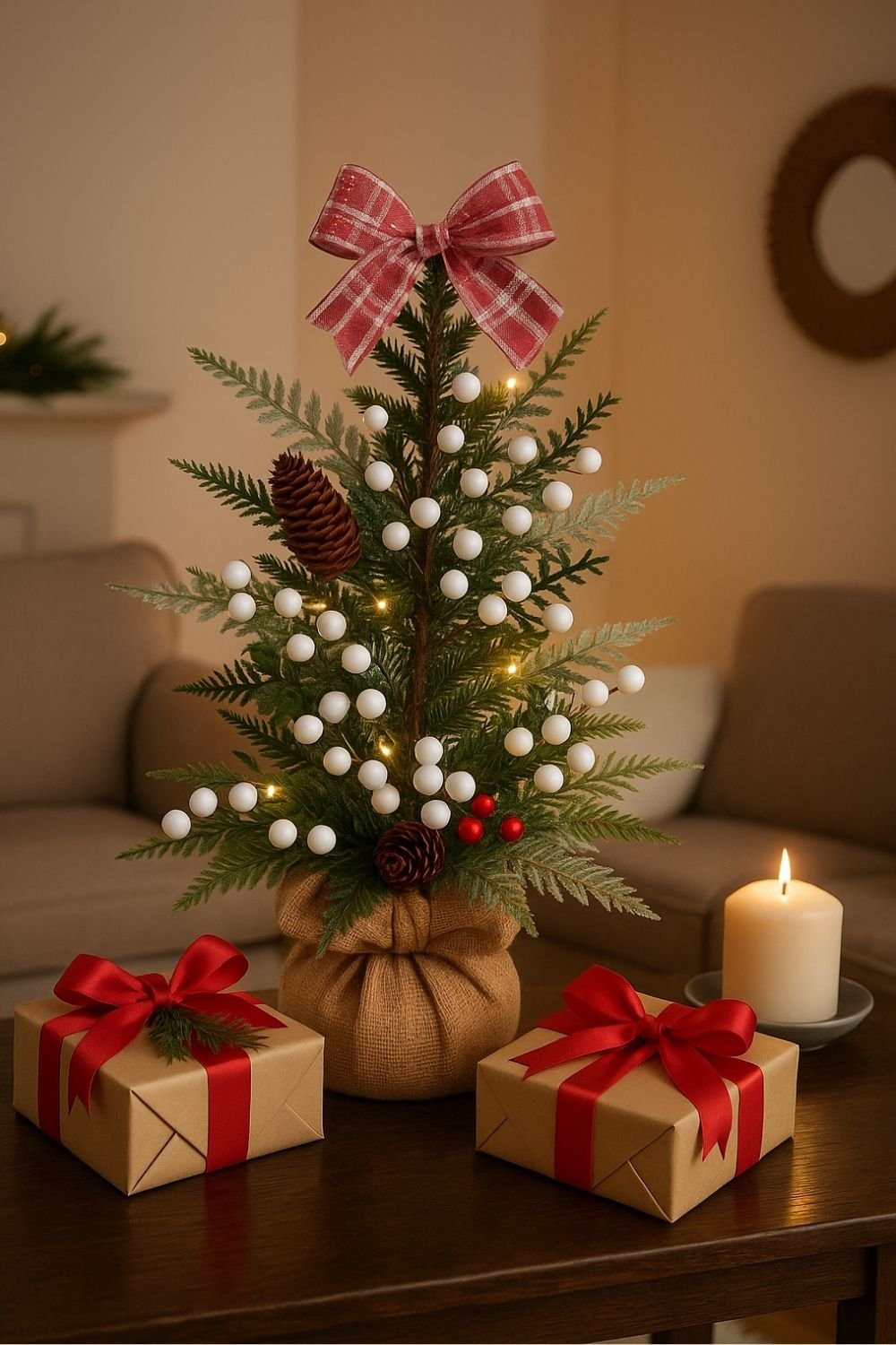 Cozy tabletop Christmas tree decorated with berries and warm candles, styled on a small apartment coffee table.