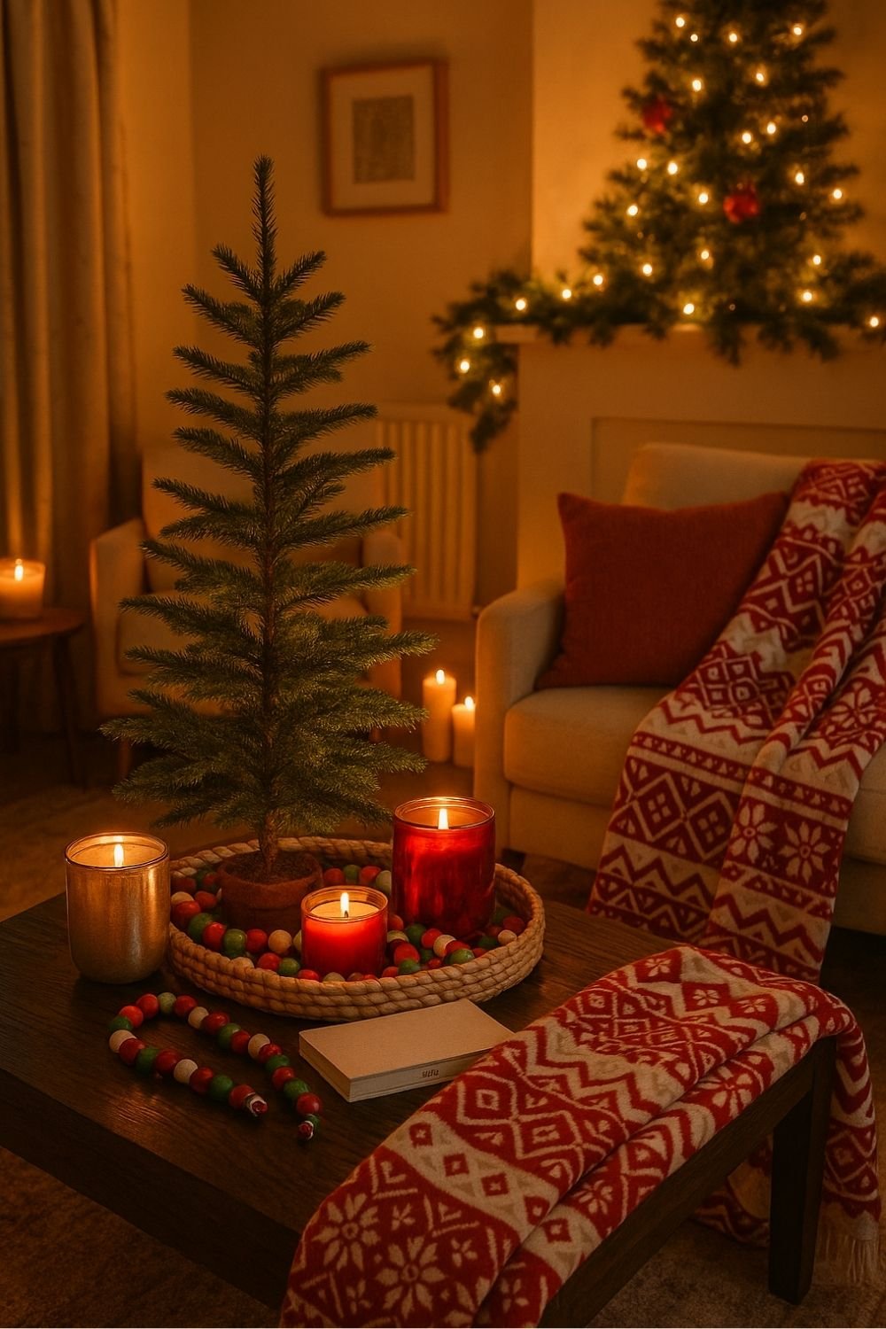Warm and cozy living room featuring a mini Christmas tree, candles, and layered holiday textures — perfect small apartment Christmas decor ideas.