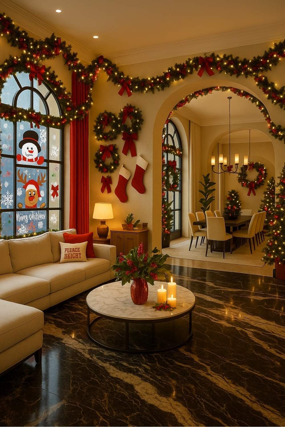 Elegant holiday living room with wreaths, garlands, and warm lighting creating a welcoming Christmas atmosphere.